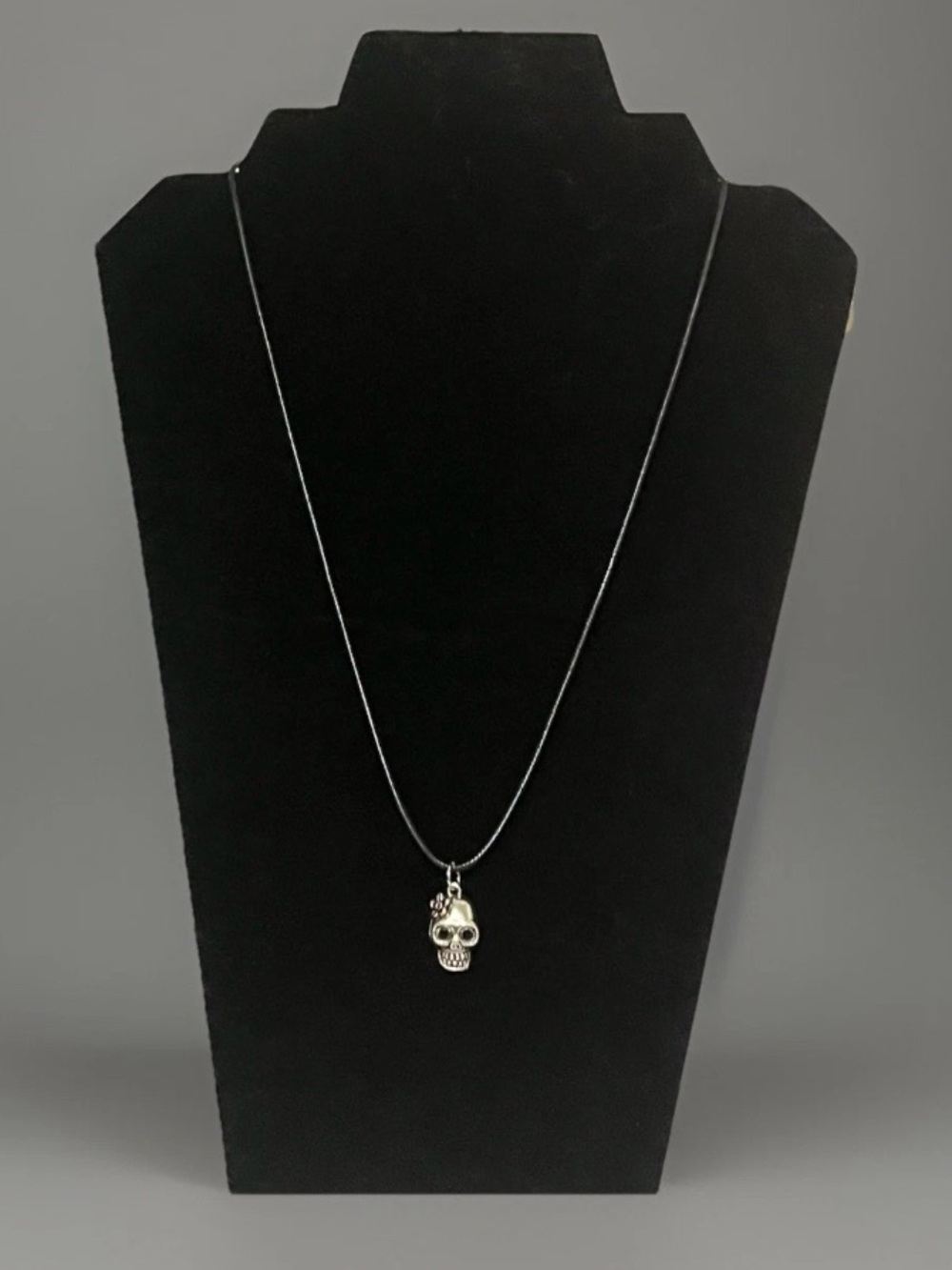 Silver Skull Necklace Pendant Day of the Dead Calavera Flower Goth Charm